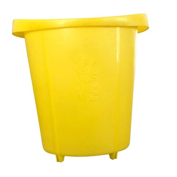 Vintage Yellow Embossed Floral Footed Wastebasket 1970s Small Trash Can 13" - Picture 1 of 12